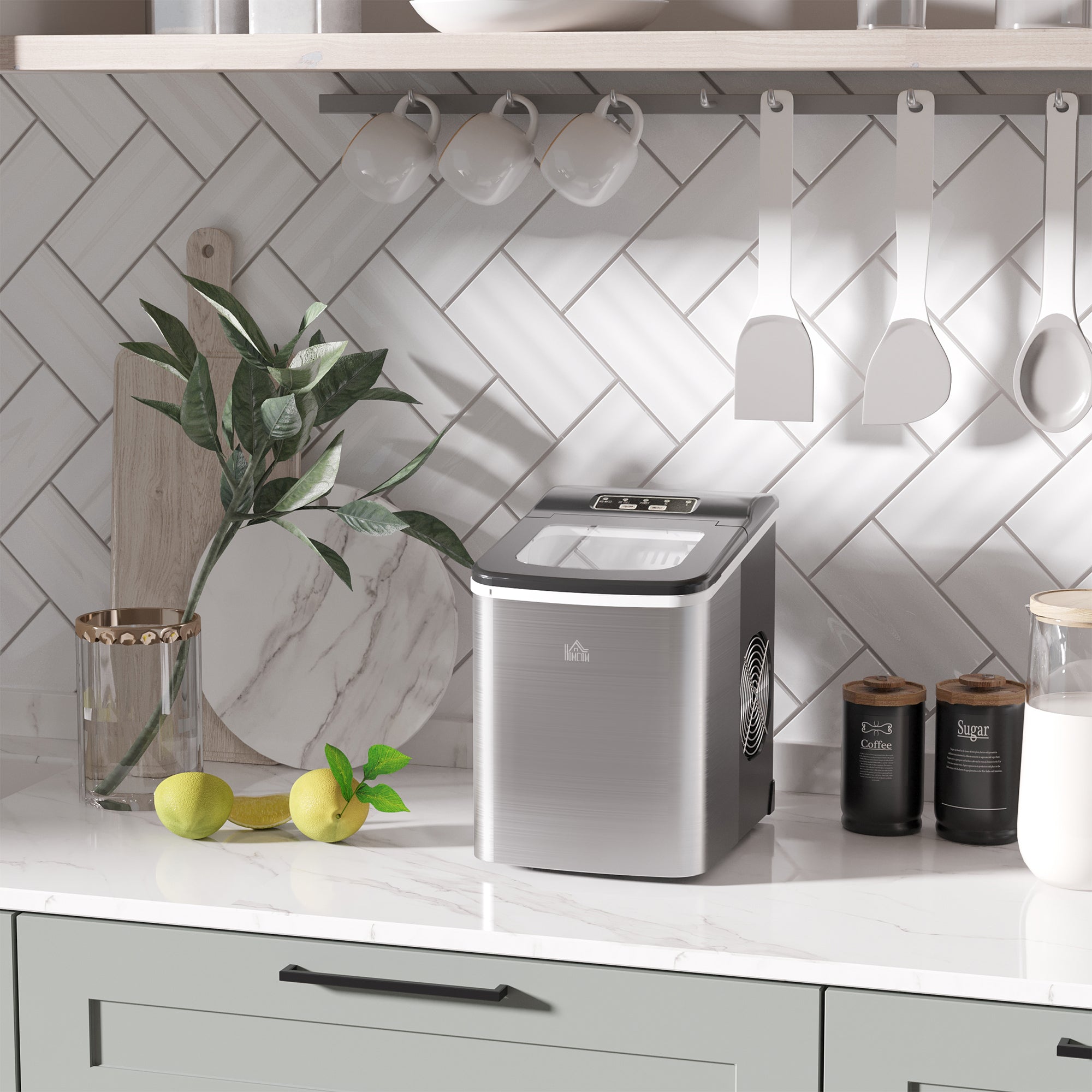 HOMCOM Ice Maker Machine Countertop, 9 Ice Cubes in 8 Mins, 12KG in 24Hrs, Self-Cleaning Portable Ice Cube Maker with Ice Scoop and Basket, Stainless Steel, No Plumbing Required, Black